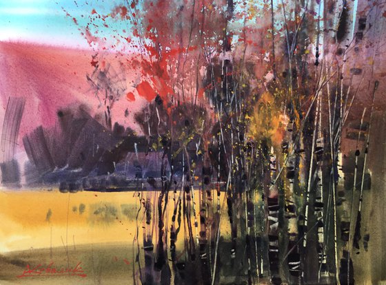 Abstract landscape painting with trees