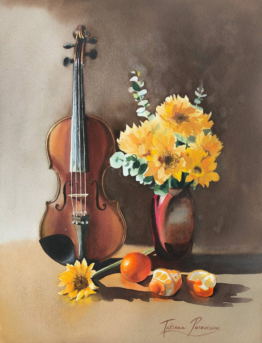 Photorealistic Still Life Watercolour By Tatiana Paravisini, 12 X 16", Music And Flowers, Original Artwork