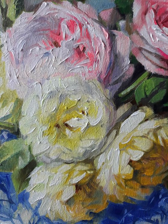 Roses love, floral oil painting on canvas, yellow pink roses in a blue vase