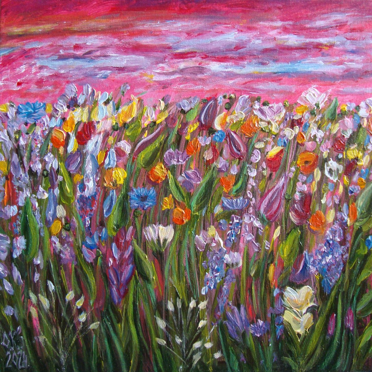 Impressionistic Botanical Acrylic Painting By Olga Knezevic, 16 X 16", Sweet Summer Day, Original Artwork