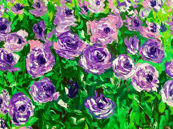 FIELD OF PURPLE PINK WHITE  ROSES  palette knife modern decor MEADOW OF FlOWERS, LANDSCAPE,  office home decor gift