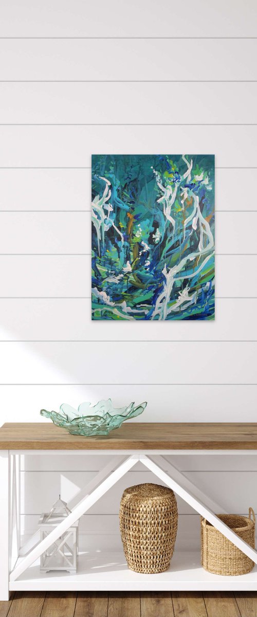 Abstract Flowers. Floral Garden. Abstract Tropical Forest Original Blue Painting on Canvas 46x61cm Modern Art by Sveta Osborne