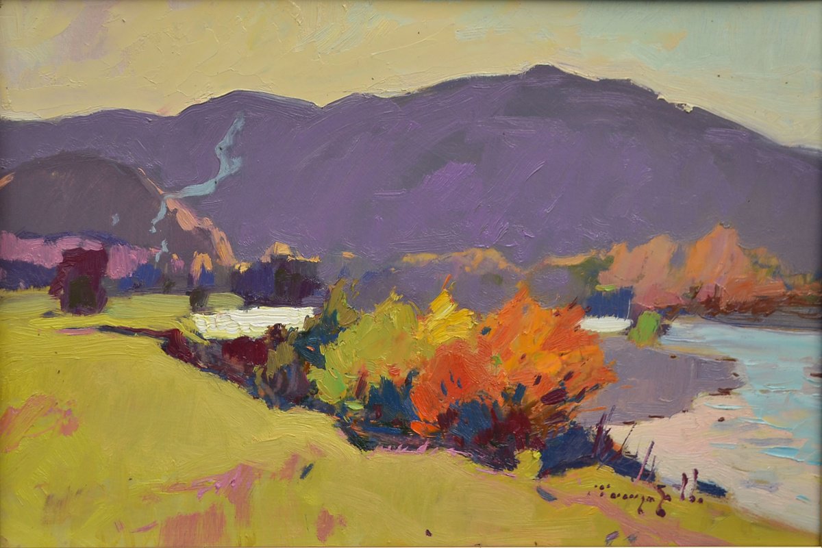 Impressionistic Landscape Oil Painting By Alexander Shandor, 26 X 17, Mountains In Backlight, Original Artwork