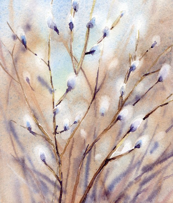 Spring Willow in watercolor, Miniature painting