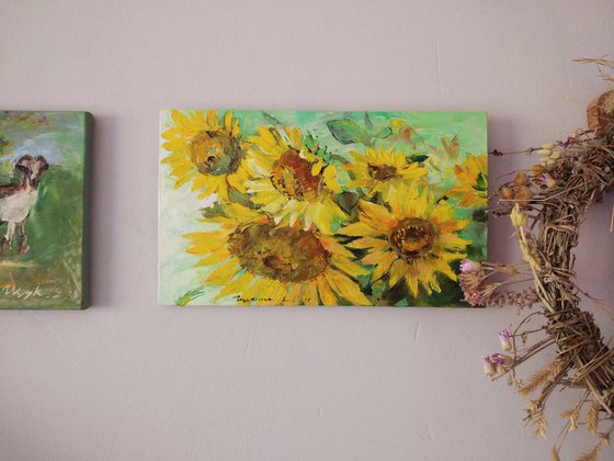 Sunflowers on the green. Etude. Original oil painting