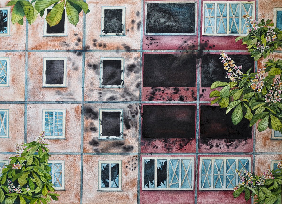 Illustrative Cityscapes Watercolour By Delnara El, 28 X 20, Spring 2022. Flowering Chestnuts In Kyiv, Original Artwork
