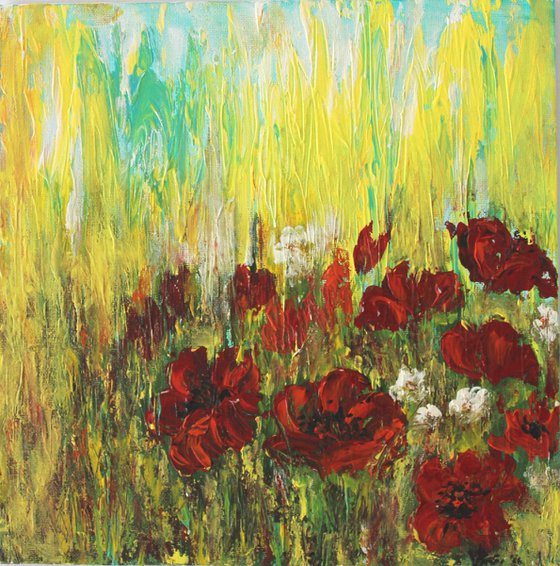 "Poppy Field, 2017" - Impressionistic Landscape Acrylic Painting on Canvas