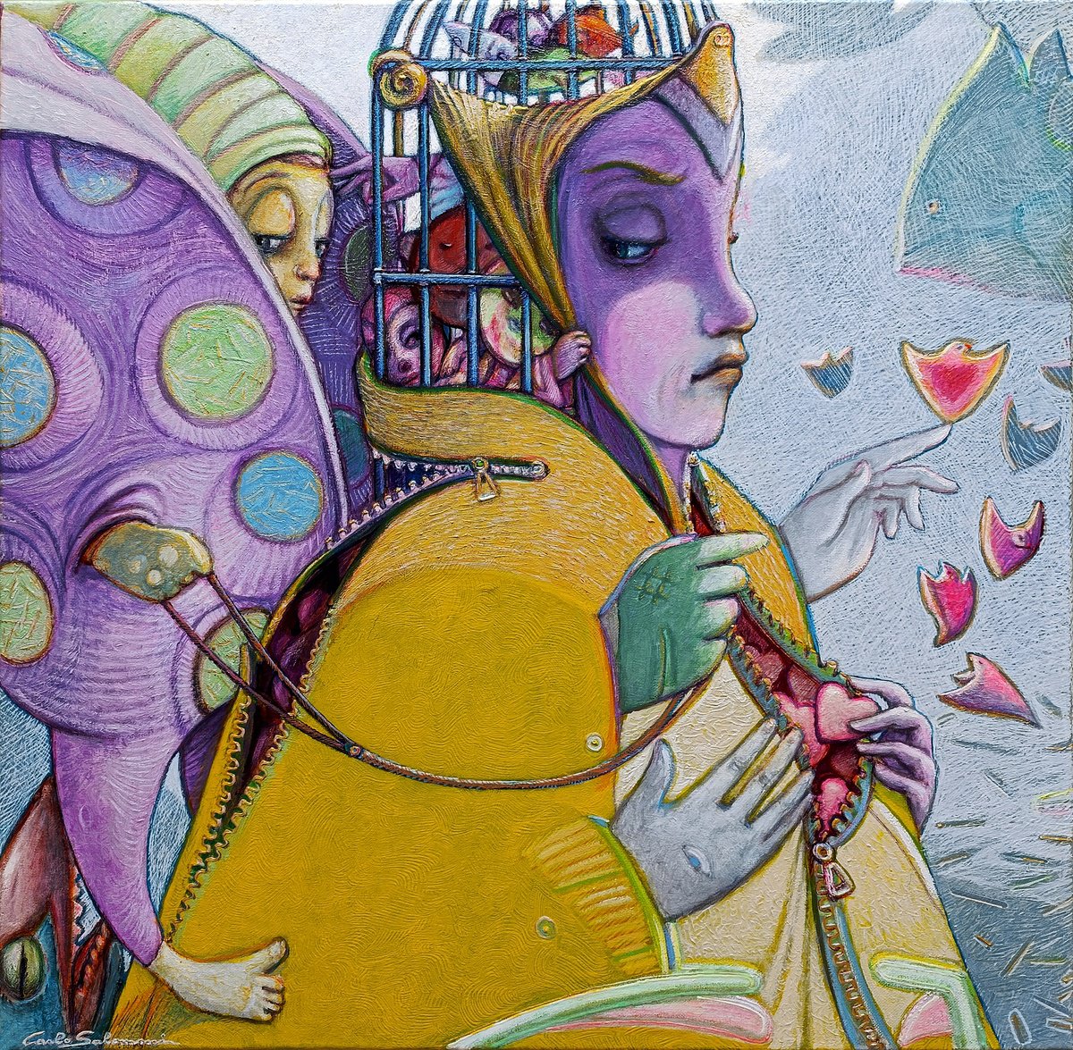 Surrealistic Portrait Painting By Carlo Salomoni, 24 X 24, The Mask Of Feelings, Original Artwork