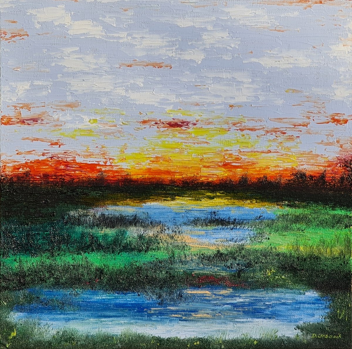 Impressionistic Landscape Oil Painting By Daniel Urbani?k, 12 X 12, Summer Sunset, Original Artwork