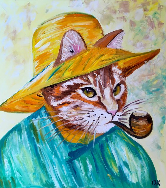 Creative Cat La Vincent Van Gogh with a pipe  oil painting for cat lovers