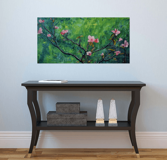 Spring flowers oil painting on canvas, pink flower, green wall art