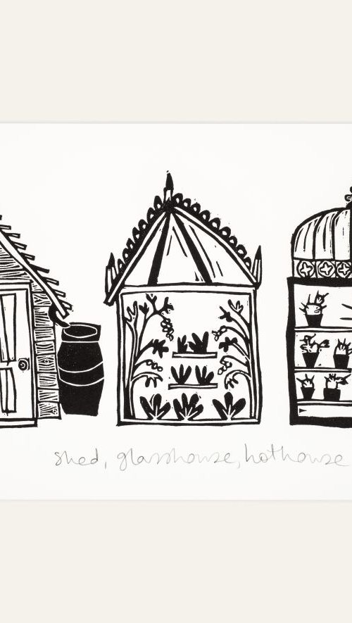 Shed, glasshouse, hothouse - lino cut print by Melanie Wickham