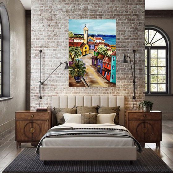 City, original city  oil painting, bedroom art, art for sale, gift