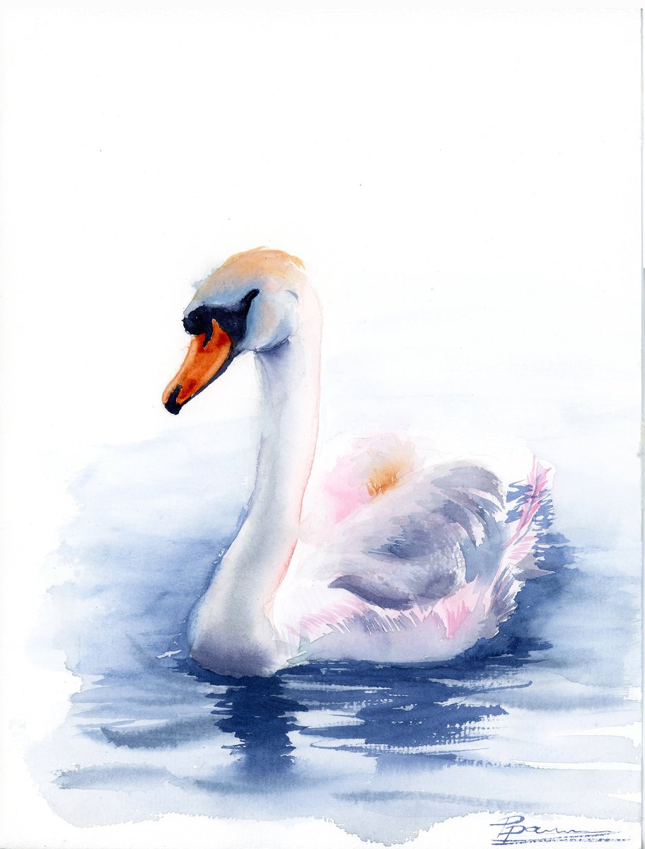 Impressionistic Animal Watercolour By Olga Tchefranov (Shefranov), 10 X 13", Swan #1, Original Artwork