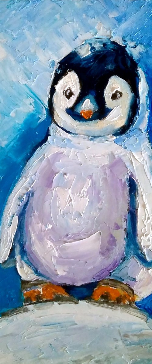 Penguin Painting Original Art Cute Bird Artwork Snow Wall Art by Yulia Berseneva
