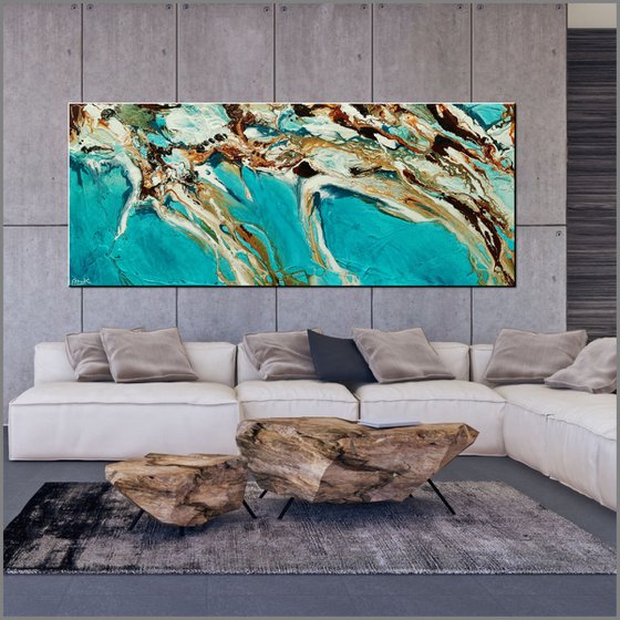 Teal Coast 240cm x 100cm Teal Oxide Textured Abstract Art