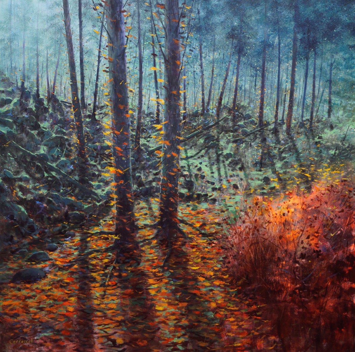 Impressionistic Botanical Acrylic Painting By Rafael Carrascal, 44 X 44", Forest Colors Ii, Original Artwork