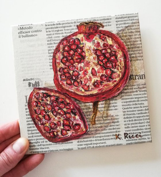 "Pomegranate on Newspaper" Original Oil on Canvas Board Painting 6 by 6 inches (15x15 cm)
