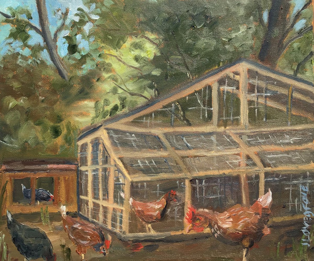 Chickens at Play - a ready supply of eggs, An original oil painting. by Julian Lovegrove Art