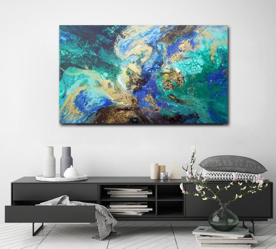 Αbstract painting art blue green gold metallic - Deep river