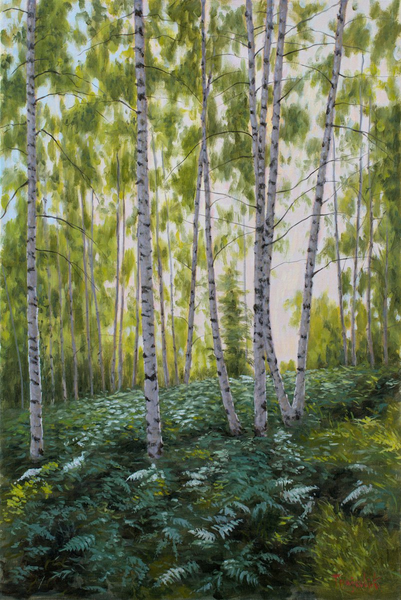 Impressionistic Landscape Oil Painting By Dejan Trajkovic, 20 X 28, Ferns In A Birch Forest, Original Artwork