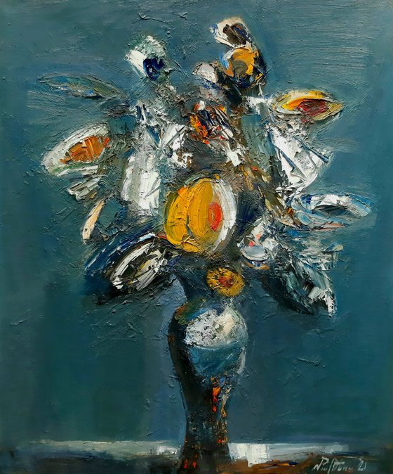 Abstract flowers in vase-3 (50x60cm, oil painting, palette knife)