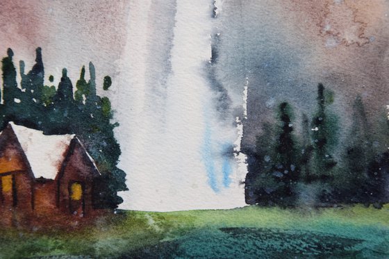 Waterfall landscape original watercolor painting, woodland house art