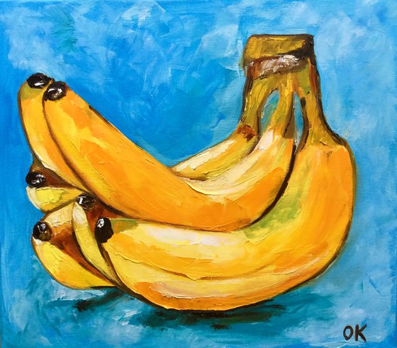 Bananas on  turquoise  Still life. Palette knife painting on linen canvas