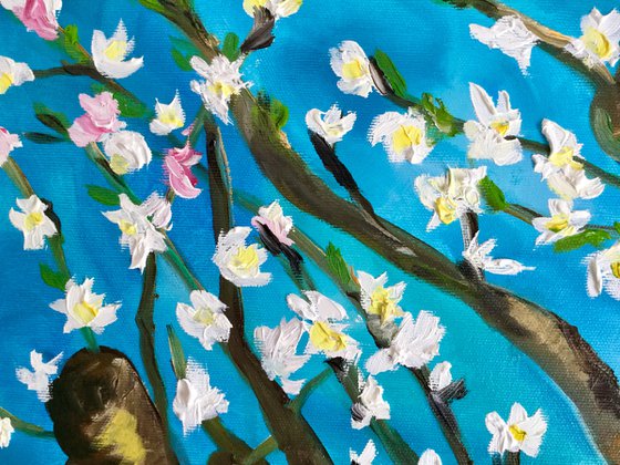 Almond blossom on turquoise inspired by Vincent Van Gogh oil painting ready to hang