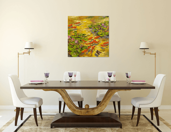 Koi Fish Pond with a Little Turtle Oil painting by Diana Malivani