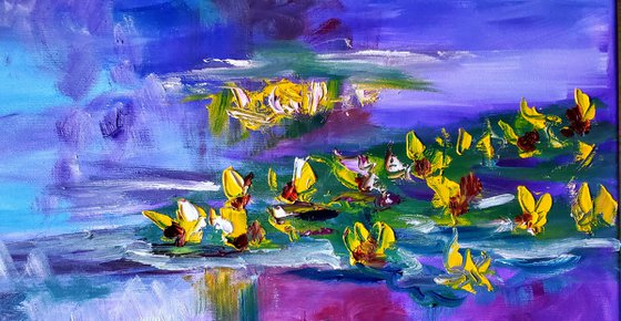 Water Lilies  184 x 76 x 2 cm inspired by Claude Monet  water reflections, diptych turquoise  purple, turquoise, blue sky