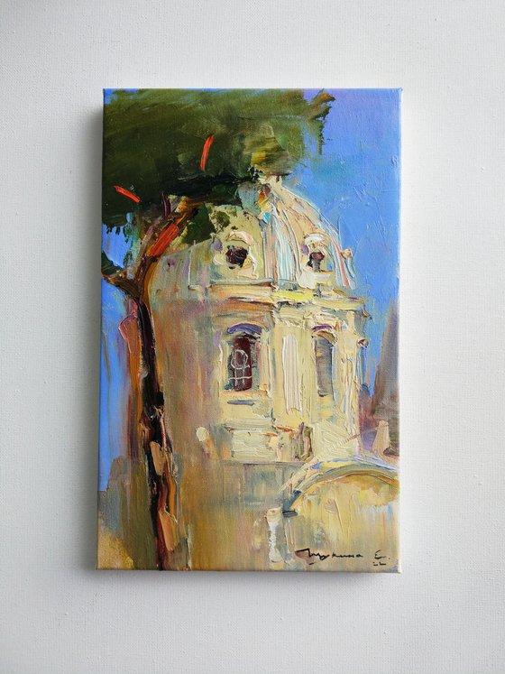 Temple in Piazza Venezia, Rome. From the Roman Holiday series. Original plein air oil painting .
