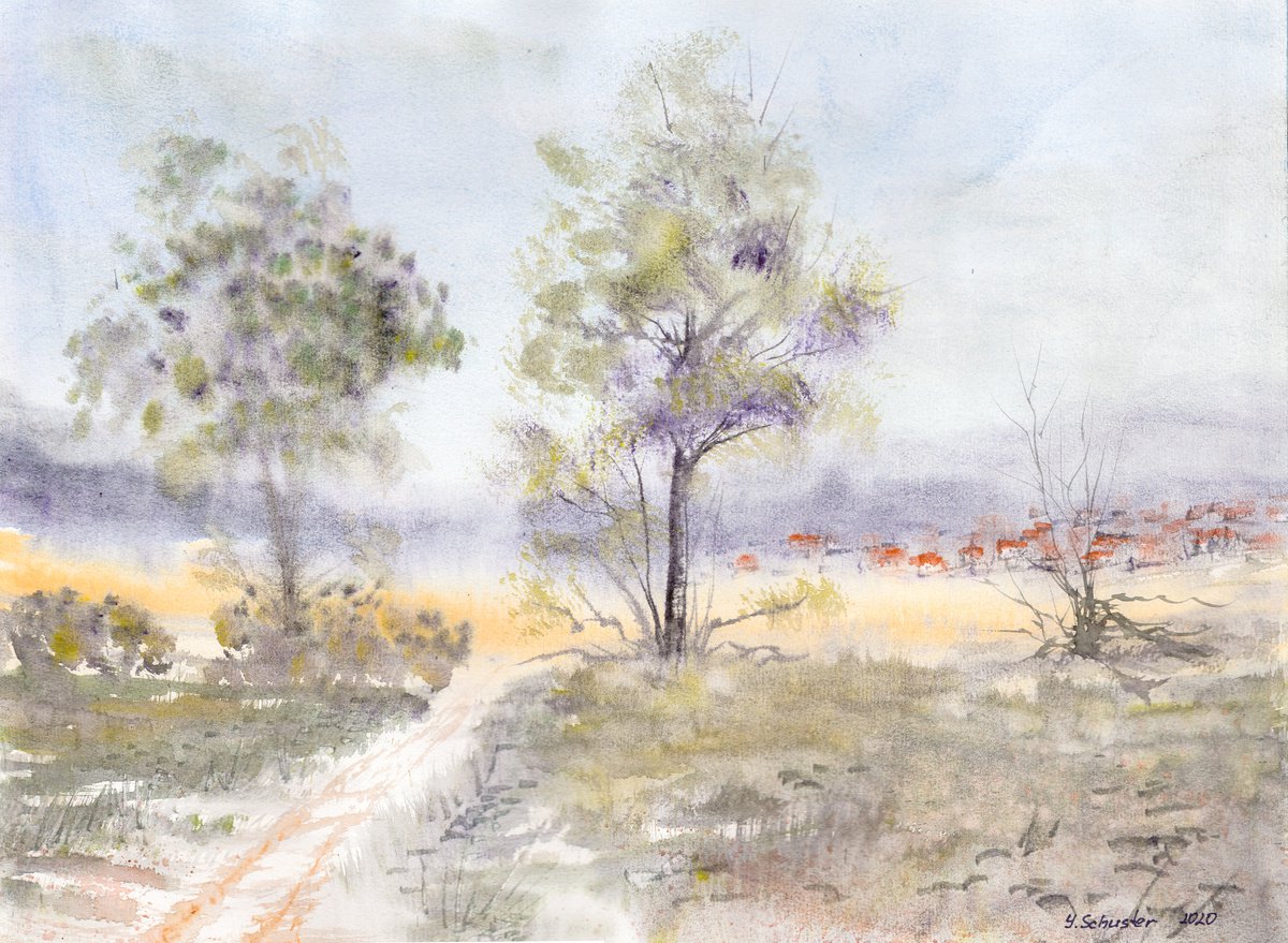 Impressionistic Landscape Watercolour By Yulia Schuster, 16 X 12", At The End Of The Day, Original Artwork