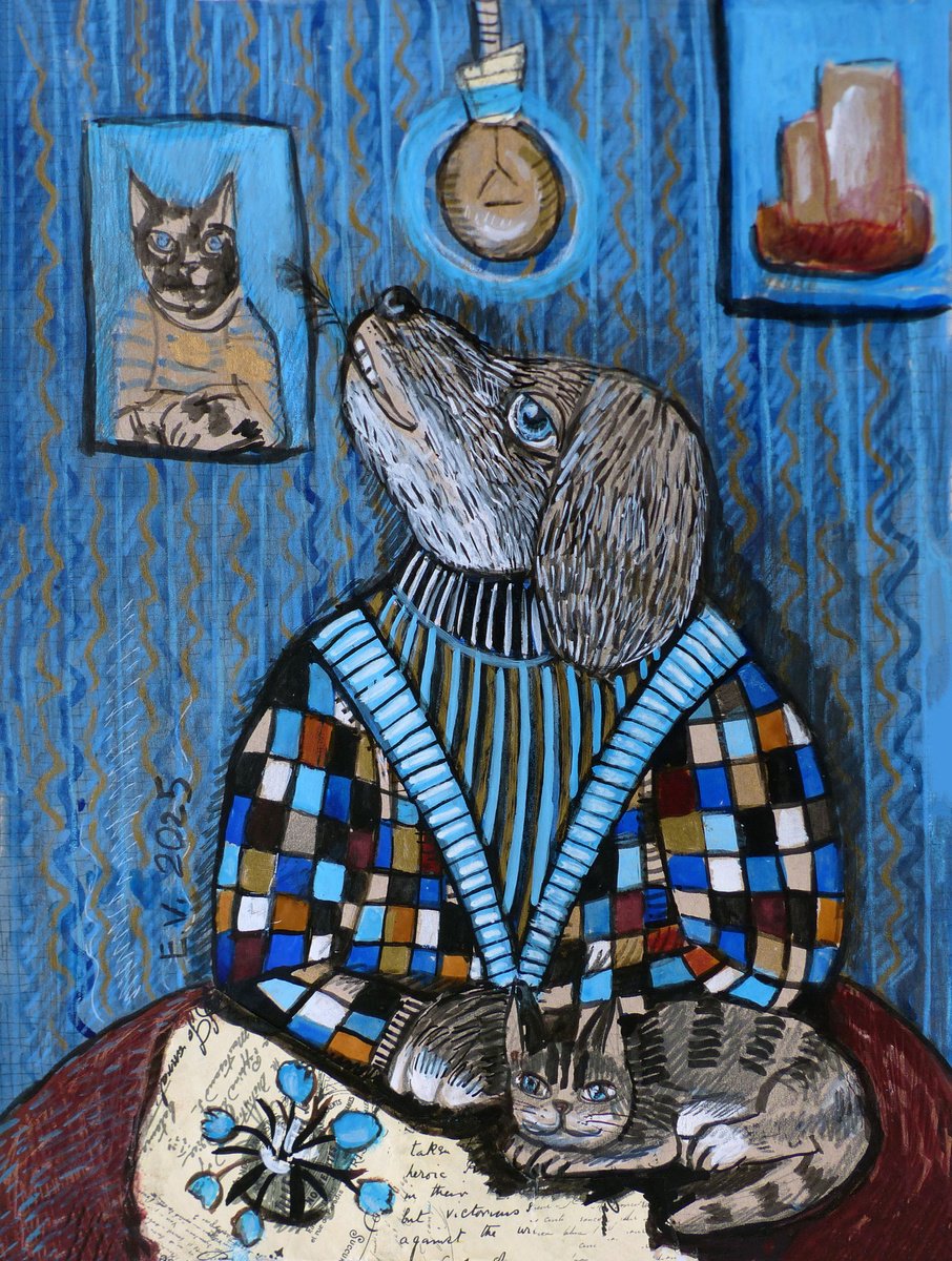 Illustrative Animal Painting By Elizabeth Vlasova, 9 X 12, I Am A Prisoner Of Memories, Original Artwork