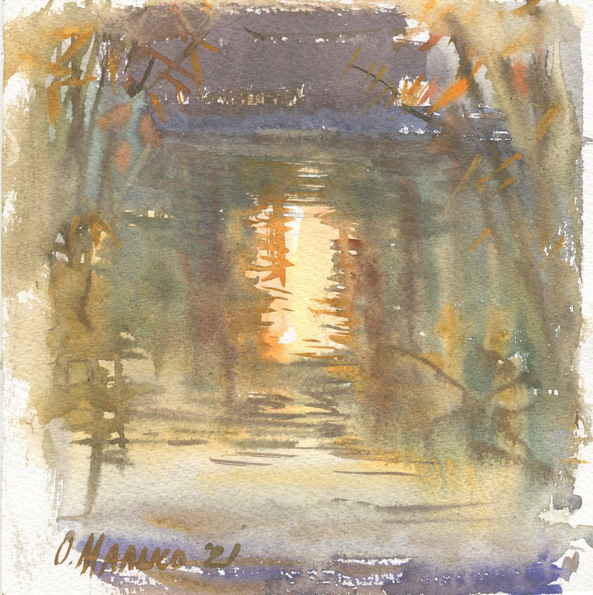 Sun reflection. Autumn pond / Plein air watercolor Original art work Fall sketch Square sm... by Olha Malko