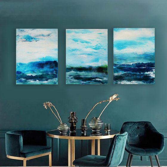 3 Blue Abstract paintings