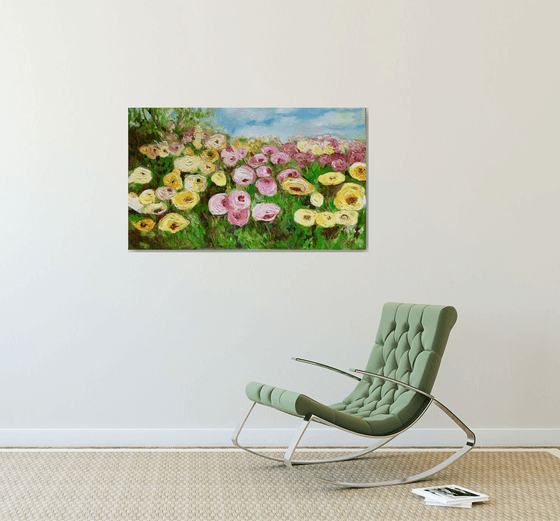 Large size WHITE PINK YELLOW PURPLE  ROSES in a Greenwich rose garden palette  knife modern still life  flowers office home decor gift