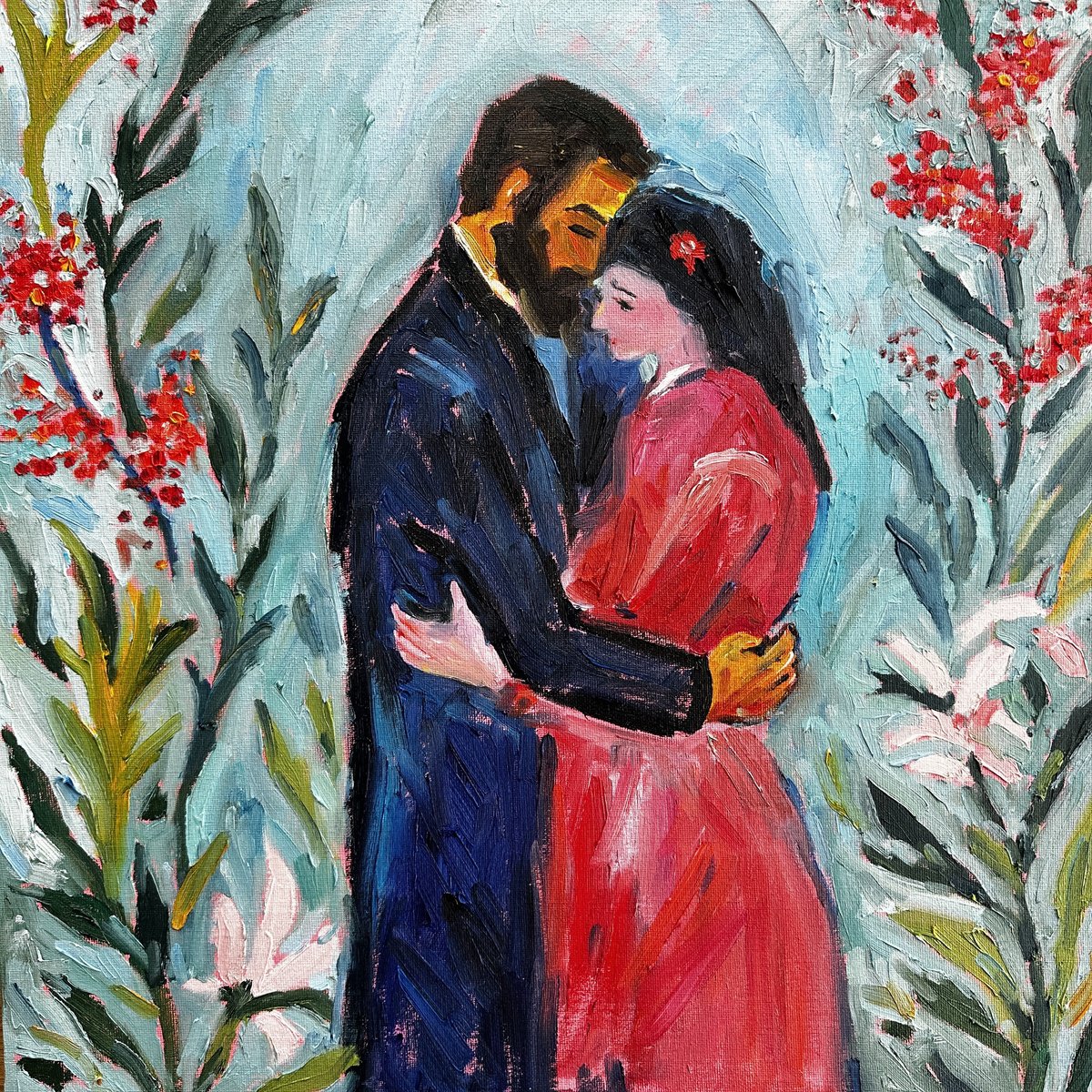 Impressionistic Portrait Oil Painting By Irina Anis, 20 X 20, Together, Original Artwork