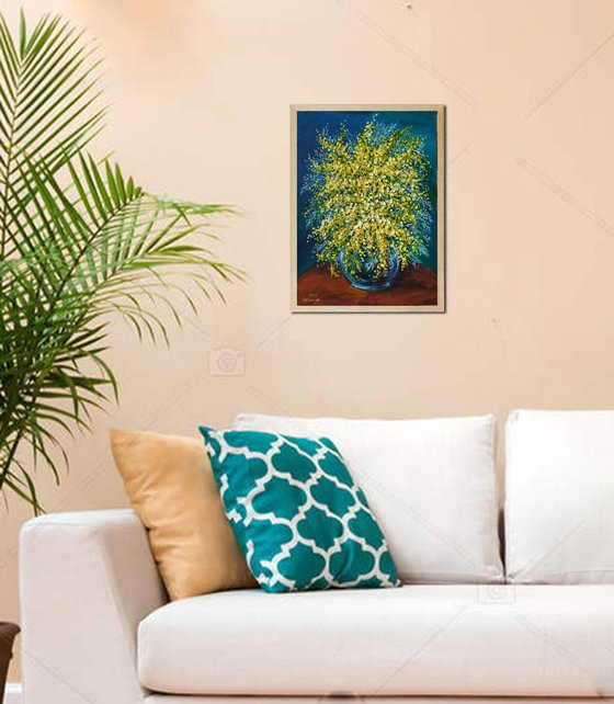 "Still Life with Mimosa." SEA original painting palette knife GIFT MODERN URBAN ART OFFICE ART DECOR HOME DECOR GIFT IDEA (2019)