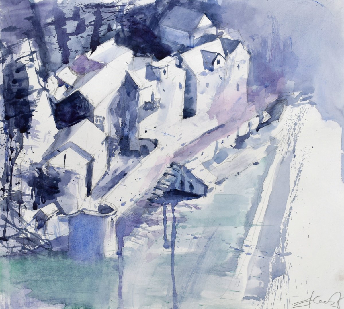 Cityscapes Watercolour By Goran Zigolic Watercolors, 17 X 15, Blaca, Island Of Bra?, Original Artwork