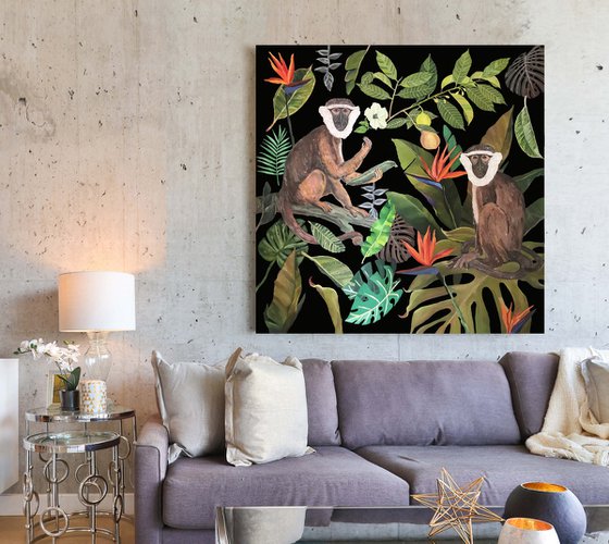 Jungle N°5  - Fern - Tropical - Monkeys - Art-Deco - Organic Floral, XL LARGE PAINTING