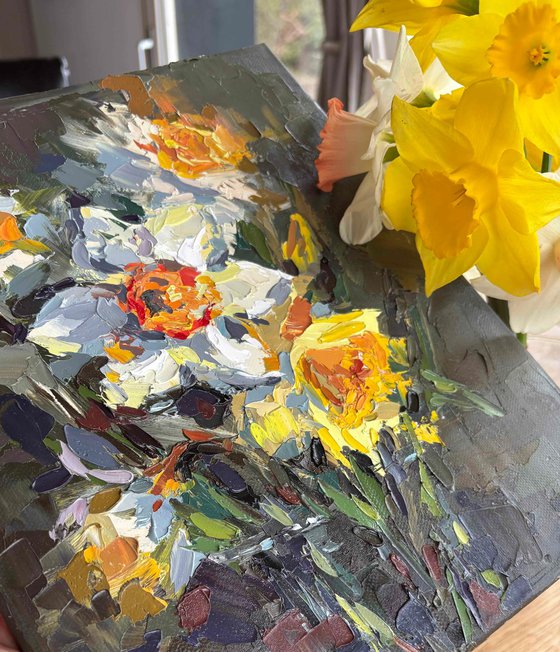 "Daffodils" palette knife oil painting