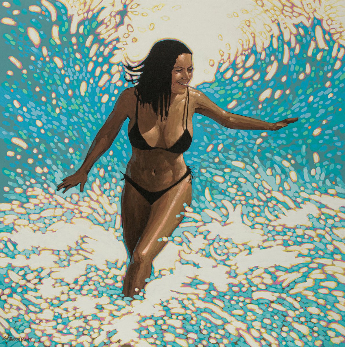 Impressionistic Portrait Acrylic Painting By Gordon Hunt, 30 X 30, Exuberance - Sunshine Sparkles And Waves, Original Artwork