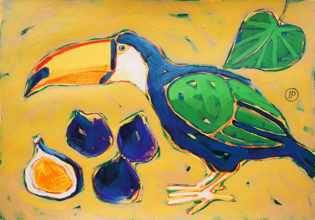 Impressionistic Animal Painting By Irina Plaksina, 12 X 8, Toucan And Figs, Original Artwork