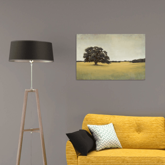 Field And Tree 220319, Tonal oak tree landscape painting