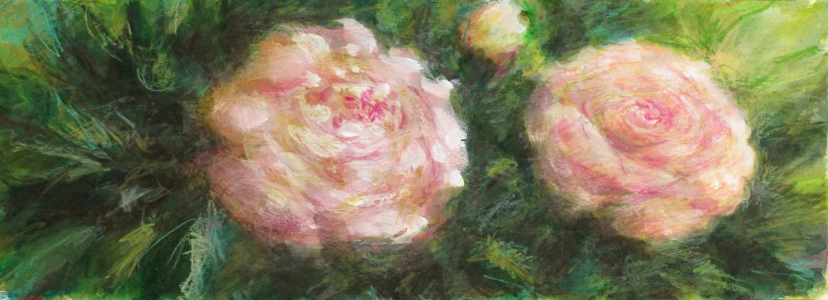 Impressionistic Botanical Painting By Fabienne Monestier, 13 X 5, Romantic Roses, Original Artwork