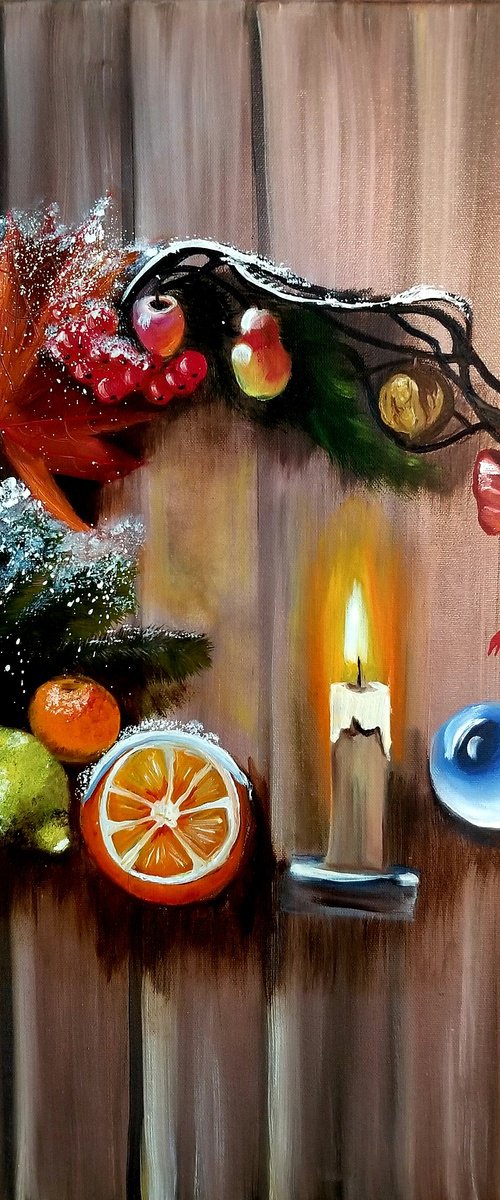 Christmas Wreath. Christmas Gift. New Year Gift. Original Oil Painting on Canvas. Gift for Couple. Perfect Gift. 20" х 24" (51 х 61 cm) 2022. by Alexandra Tomorskaya/Caramel Art Gallery