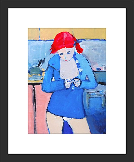 NUDE FEMALE UNDRESSING REDHEAD. Original Female Figurative Acrylic Painting. Varnished.