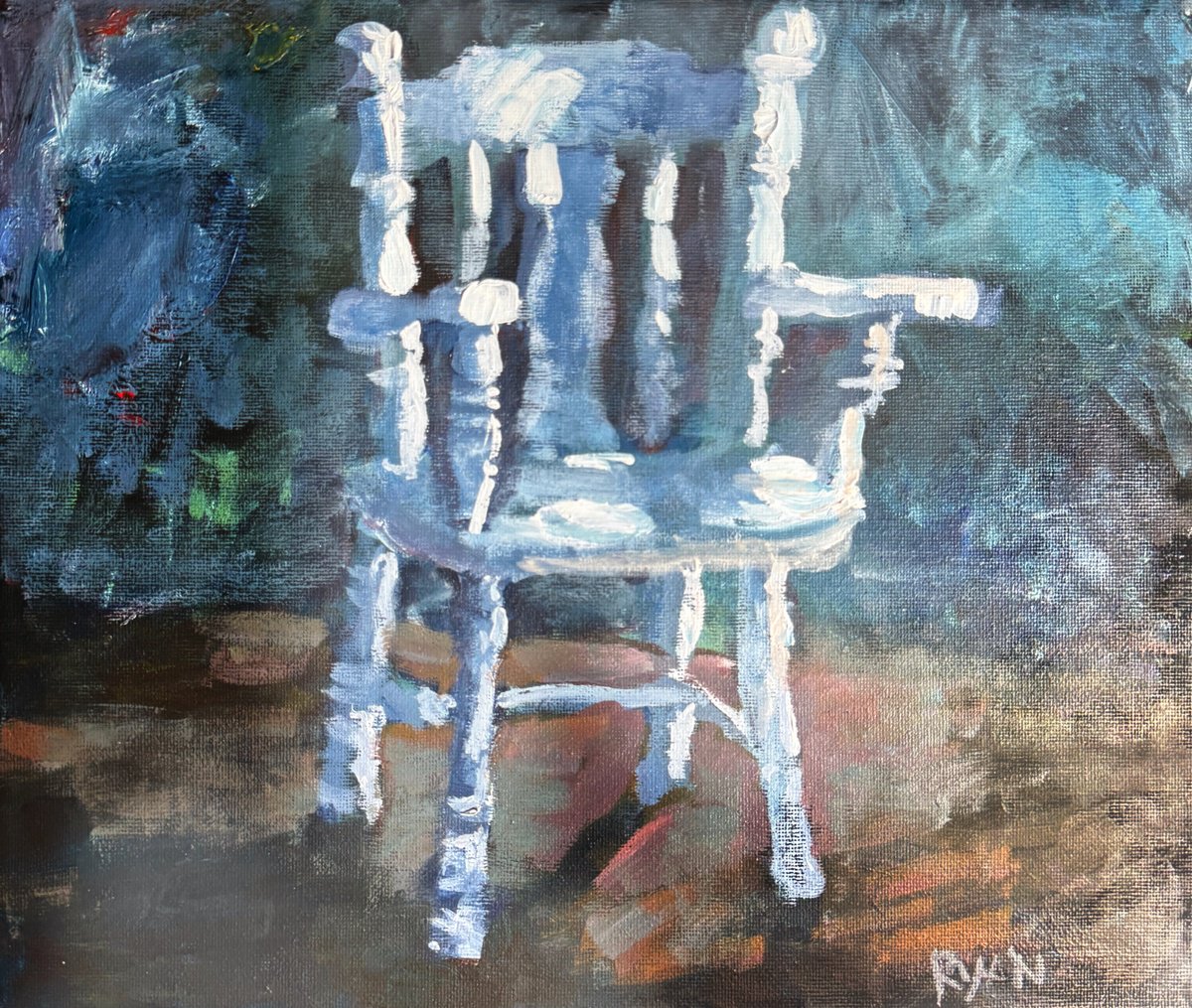 Impressionistic Botanical Acrylic Painting By Ryan Louder, 12 X 10", The White Chair, Original Artwork