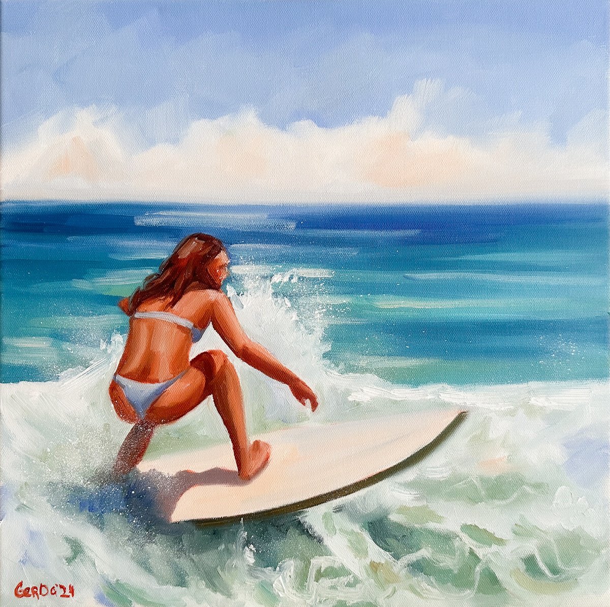 Impressionistic Portrait Oil Painting By Daria Gerasimova, 16 X 16, Surfing Girl, Original Artwork